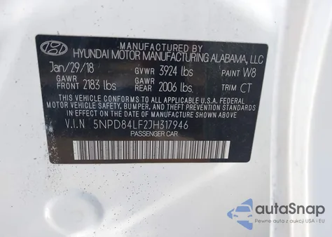 2018 Hyundai Elantra Value Edition z USA, uszkodzony, nr VIN 5NPD84LF2JH317946